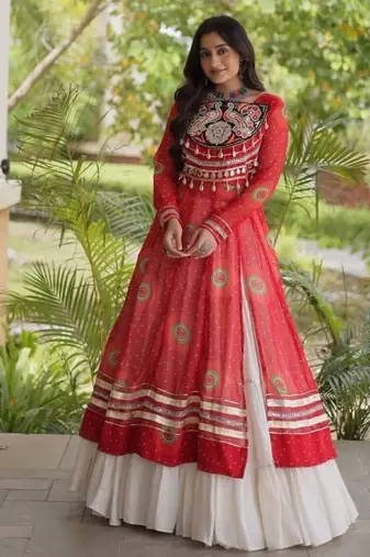 White&Red Cotton Readymade Navratri Lehenga Choli with Bandhej & Patch Work