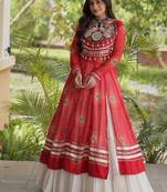 White&Red Cotton Readymade Navratri Lehenga Choli with Bandhej & Patch Work