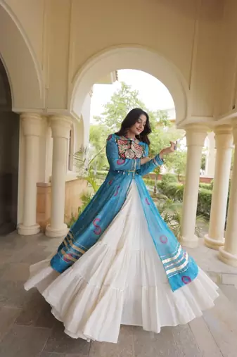 White&Sky Cotton Readymade Navratri Lehenga Choli with Bandhej & Patch Work