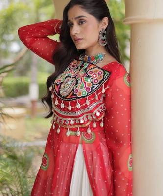 White&Red Cotton Readymade Navratri Lehenga Choli with Bandhej & Patch Work 2