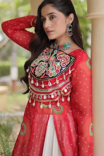 White&Red Cotton Readymade Navratri Lehenga Choli with Bandhej & Patch Work
