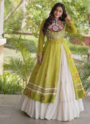 White&Lime Cotton Readymade Navratri Lehenga Choli with Bandhej & Patch Work 1