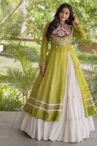 White&Lime Cotton Readymade Navratri Lehenga Choli with Bandhej & Patch Work