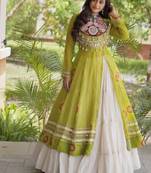 White&Lime Cotton Readymade Navratri Lehenga Choli with Bandhej & Patch Work