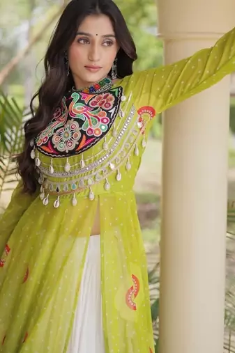 White&Lime Cotton Readymade Navratri Lehenga Choli with Bandhej & Patch Work