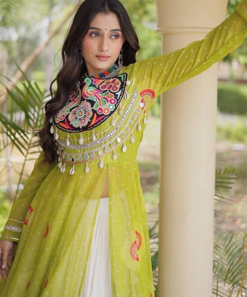 White&Lime Cotton Readymade Navratri Lehenga Choli with Bandhej & Patch Work