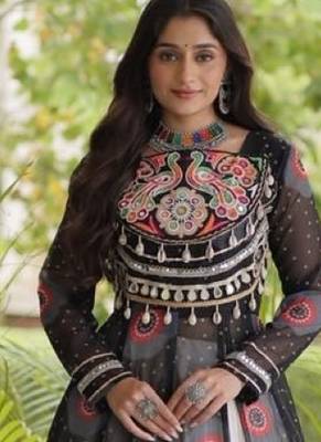 White&Black Cotton Readymade Navratri Lehenga Choli with Bandhej & Patch Work 1
