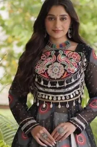 White&Black Cotton Readymade Navratri Lehenga Choli with Bandhej & Patch Work