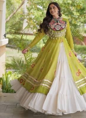 White&Lime Cotton Readymade Navratri Lehenga Choli with Bandhej & Patch Work 3