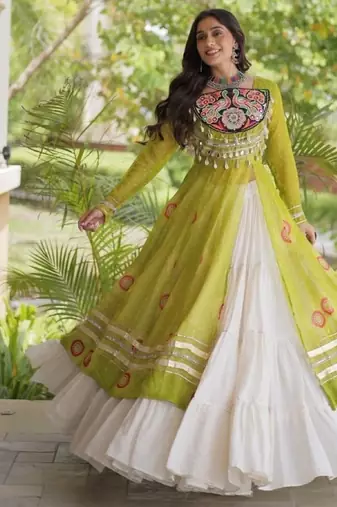 White&Lime Cotton Readymade Navratri Lehenga Choli with Bandhej & Patch Work