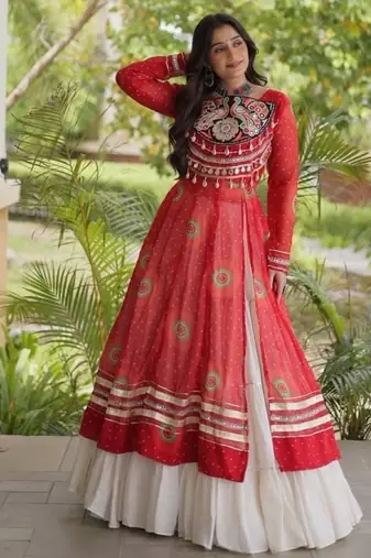White&Red Cotton Readymade Navratri Lehenga Choli with Bandhej & Patch Work