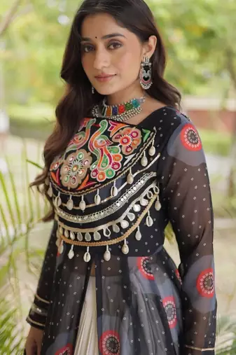 White&Black Cotton Readymade Navratri Lehenga Choli with Bandhej & Patch Work
