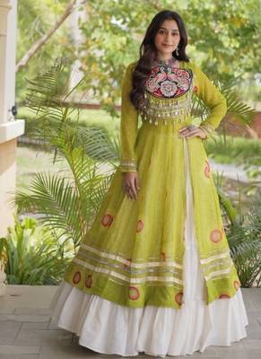 White&Lime Cotton Readymade Navratri Lehenga Choli with Bandhej & Patch Work 4