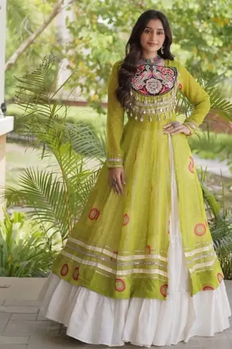 White&Lime Cotton Readymade Navratri Lehenga Choli with Bandhej & Patch Work