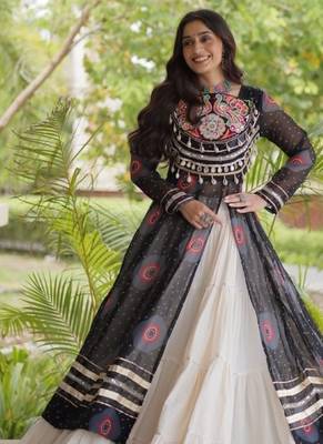 White&Black Cotton Readymade Navratri Lehenga Choli with Bandhej & Patch Work 3