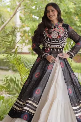 White&Black Cotton Readymade Navratri Lehenga Choli with Bandhej & Patch Work
