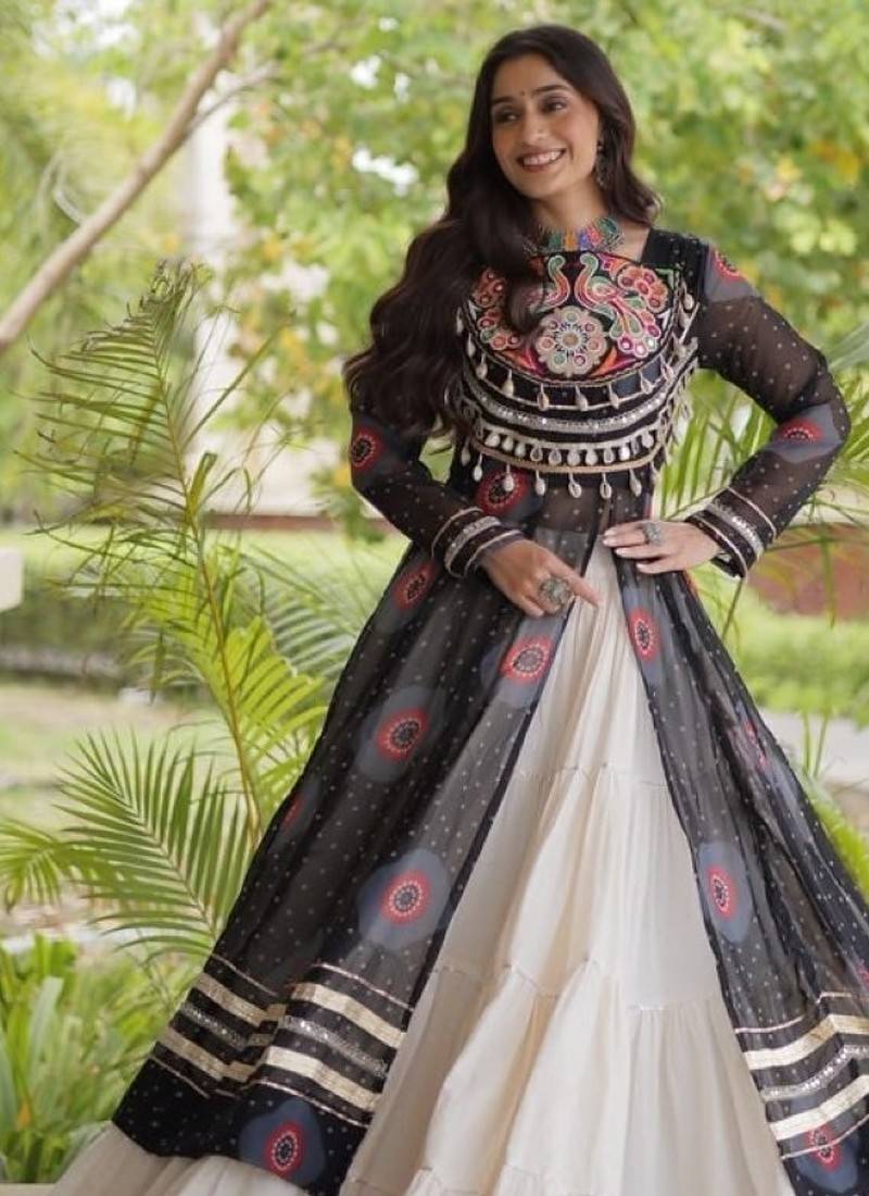 White&Black Cotton Readymade Navratri Lehenga Choli with Bandhej & Patch Work