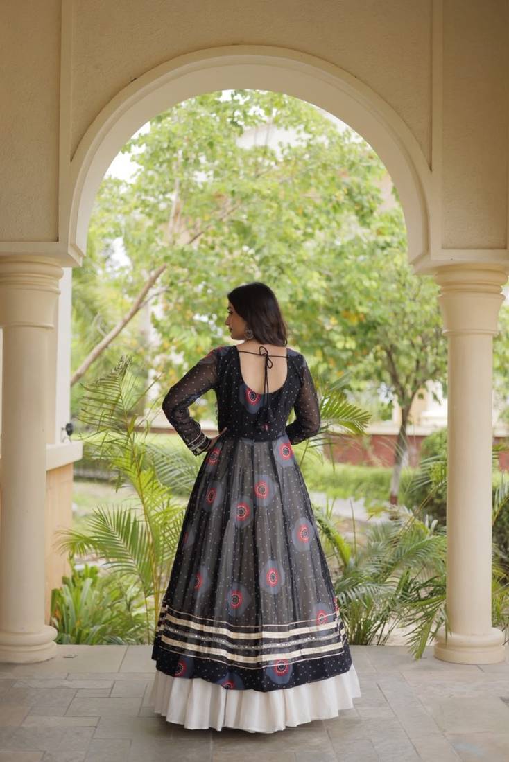 White&Black Cotton Readymade Navratri Lehenga Choli with Bandhej & Patch Work
