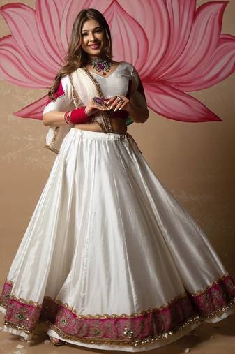 White Silk Blend Readymade Navratri Lehenga Choli Embroidery & Sequence Work