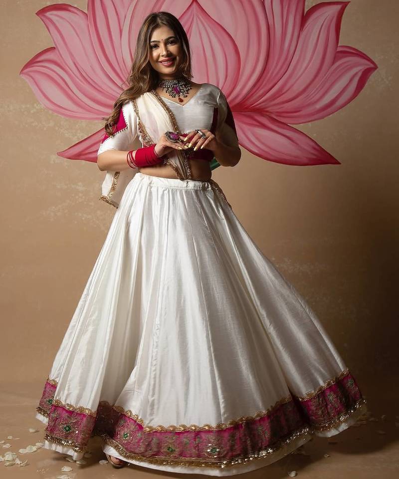 White Silk Blend Readymade Navratri Lehenga Choli Embroidery & Sequence Work
