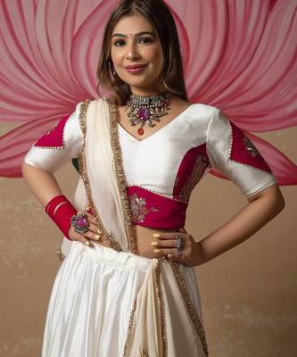 White Silk Blend Readymade Navratri Lehenga Choli Embroidery & Sequence Work 2