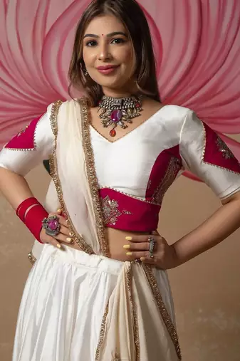 White Silk Blend Readymade Navratri Lehenga Choli Embroidery & Sequence Work
