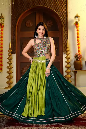D Green Cotton Readymade Navratri Lehenga Choli with Embroidery & Thread Work