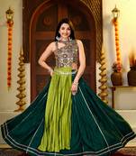 D Green Cotton Readymade Navratri Lehenga Choli with Embroidery & Thread Work