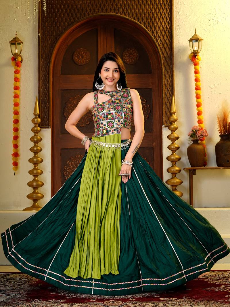 D Green Cotton Readymade Navratri Lehenga Choli with Embroidery & Thread Work