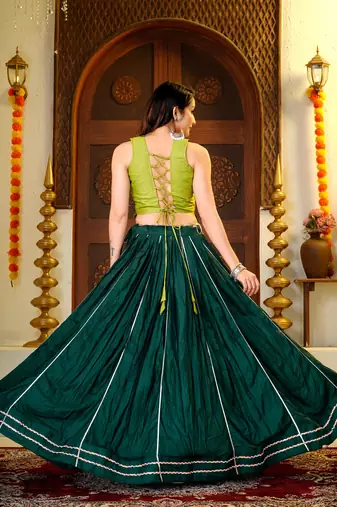 D Green Cotton Readymade Navratri Lehenga Choli with Embroidery & Thread Work