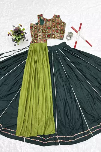 D Green Cotton Readymade Navratri Lehenga Choli with Embroidery & Thread Work