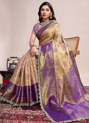 Golden zari work silk blend saree with blouse 1