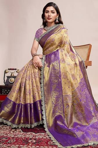 Golden zari work silk blend saree with blouse