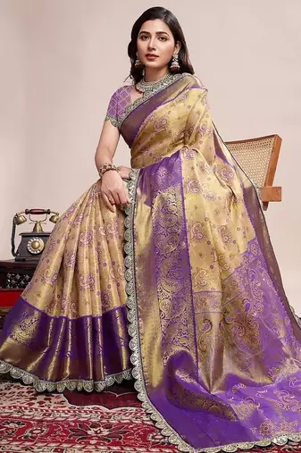 Golden zari work silk blend saree with blouse