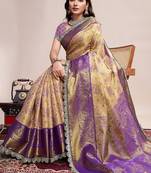 Golden zari work silk blend saree with blouse
