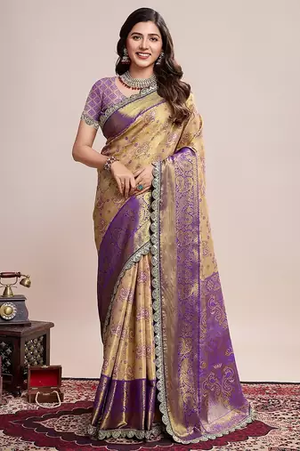 Golden zari work silk blend saree with blouse
