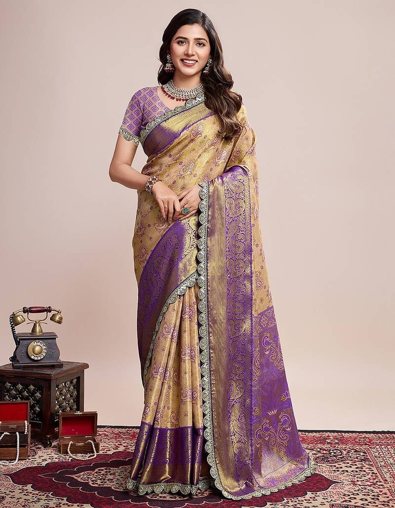Golden zari work silk blend saree with blouse