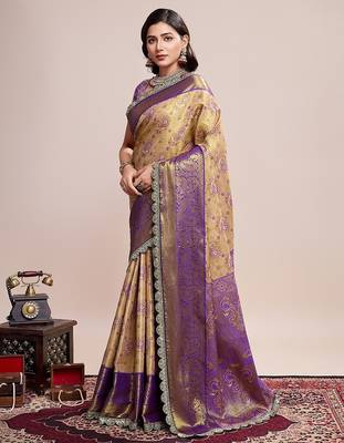 Golden zari work silk blend saree with blouse 3