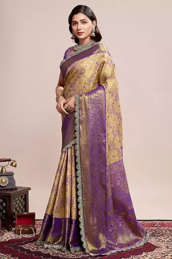 Golden zari work silk blend saree with blouse