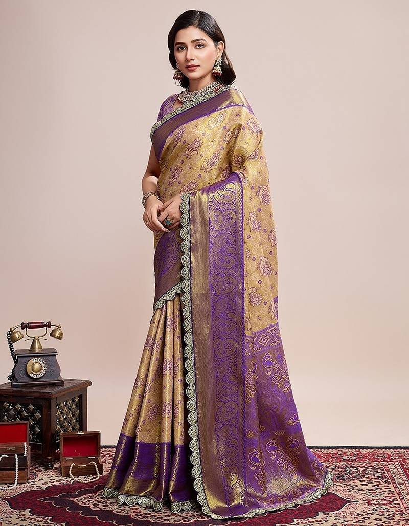 Golden zari work silk blend saree with blouse