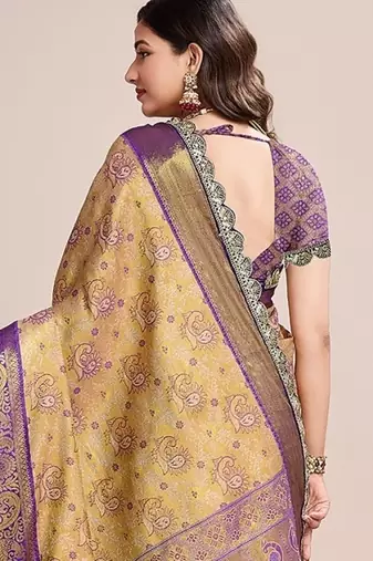 Golden zari work silk blend saree with blouse