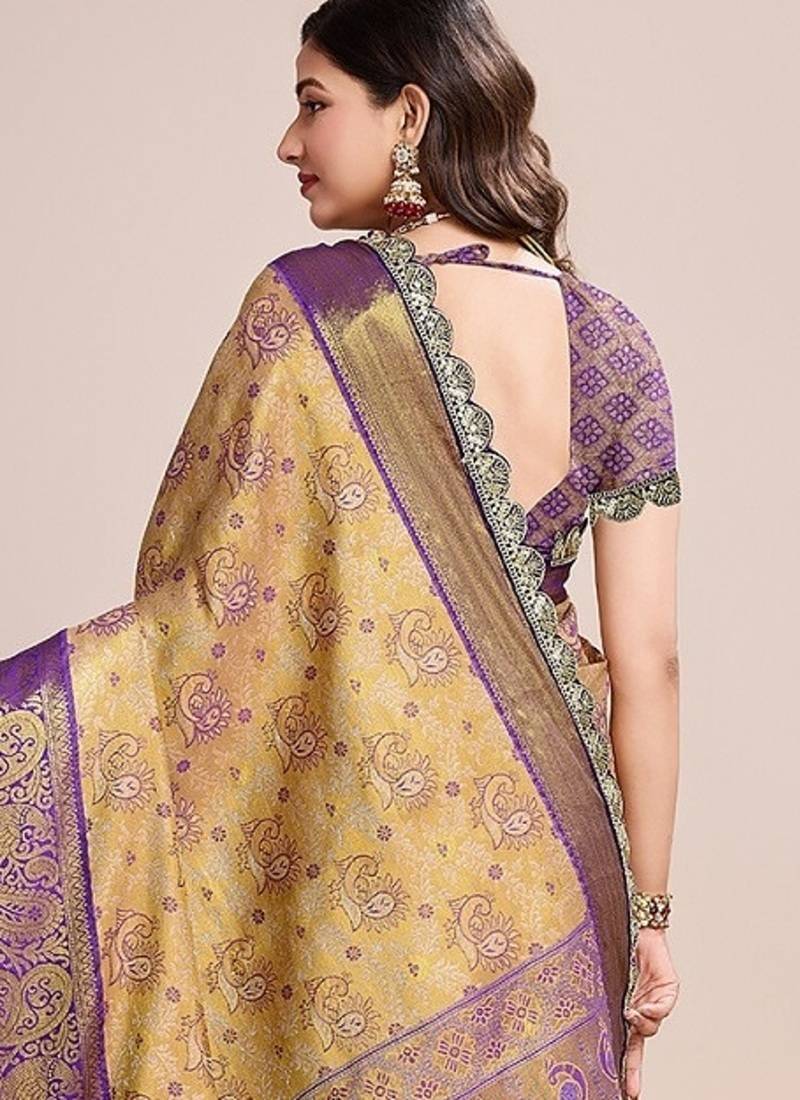 Golden zari work silk blend saree with blouse