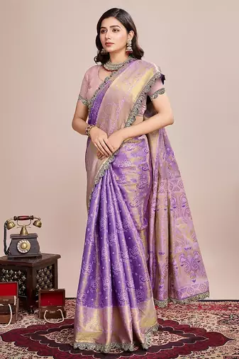 Lavender zari work silk blend saree with blouse