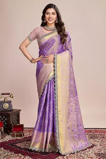 Lavender zari work silk blend saree with blouse