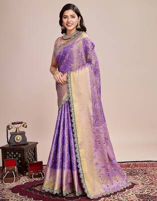 Lavender zari work silk blend saree with blouse 3