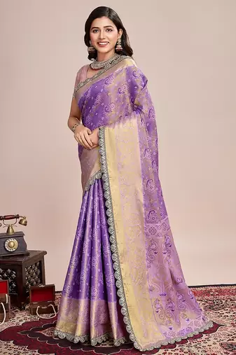 Lavender zari work silk blend saree with blouse