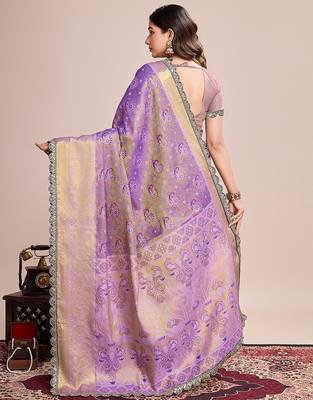 Lavender zari work silk blend saree with blouse 4