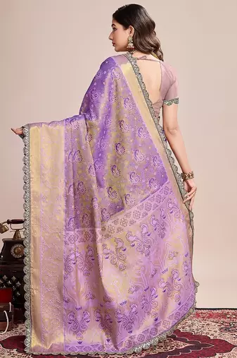 Lavender zari work silk blend saree with blouse