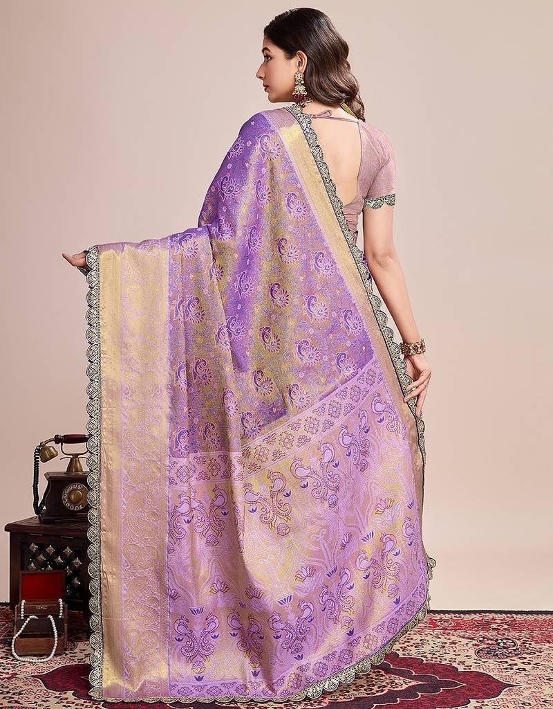 Lavender zari work silk blend saree with blouse