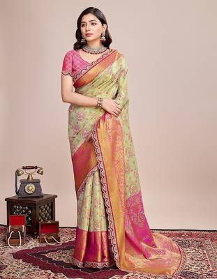 Pista green zari work silk blend saree with blouse 1